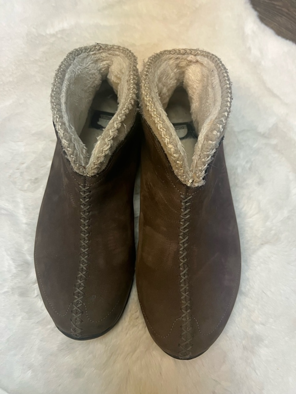 Sorel Joliette Brown Suede Ankle Booties with Cream Shearling Collar